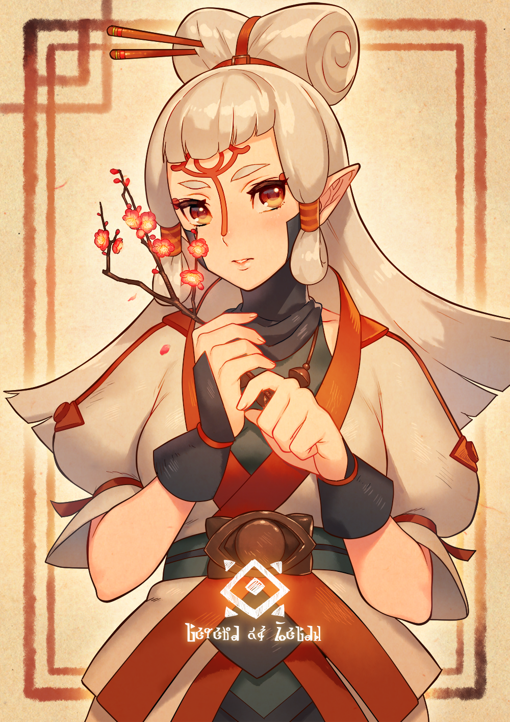 1girl, branch, breasts, fingerless_gloves, flower, gloves, hair_ornament, highres, long_hair, looking_at_viewer, parted_lips, paya_(zelda), pink_hair, pointy_ears, puffy_short_sleeves, puffy_sleeves, red_eyes, short_sleeves, solo, the_legend_of_zelda, the_legend_of_zelda:_breath_of_the_wild, tubumi, white_hair