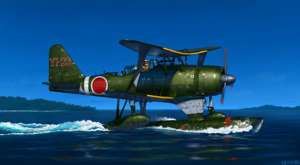 aircraft, airplane, biplane, imperial_japanese_navy, island, mitsubishi_f1m, ocean, ogata_tank