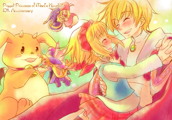 blonde_hair, blush, closed_eyes, cornet, fairy, female, ferdinand_marl_e, gloves, happy, kururu_(marl_kingdom), kururu_(rhapsody), l-kun, long_hair, male, marl_kingdom, nippon_ichi, rhapsody, short_hair, smile, sunny_spot, tsuyuka_(sunny_spot), wings
