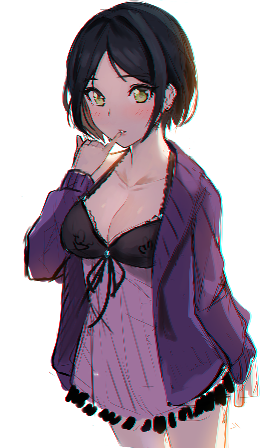 1girl, babydoll, backlighting, black_hair, blush, breasts, cardigan, chromatic_aberration
