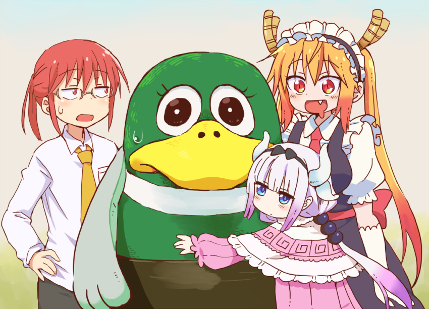 3girls, bangs, black_hairband, blonde_hair, blue_eyes, commentary, crossover, dragon_girl, dragon_horns, glasses, gloves, gradient_hair, hairband, horns, hug, kanna_kamui, kobayashi-san_chi_no_maidragon, kobayashi_(maidragon), lavender_hair, long_hair, low_twintails, maid, multicolored_hair, multiple_girls, open_mouth, redhead, smile, suzu-shiro, tooru_(maidragon), twintails