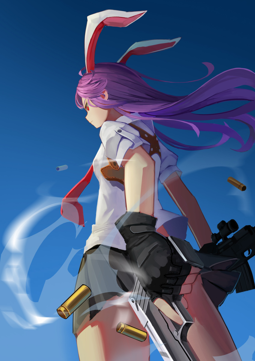 1girl, absurdres, animal_ears, black_gloves, black_skirt, closed_mouth, dual_wielding, fps, from_behind, from_below, gloves, gun, handgun, highres, holster, long_hair, machine_gun, necktie, pleated_skirt, puffy_short_sleeves, puffy_sleeves, purple_hair, rabbit_ears, red_eyes, red_necktie, reisen_udongein_inaba, shell_casing, shirt, shooting_gloves, short_sleeves, shoulder_holster, skirt, sky, smoke, solo, standing, thighs, touhou, trigger_discipline, tsurime, weapon, white_shirt, wind, wind_lift