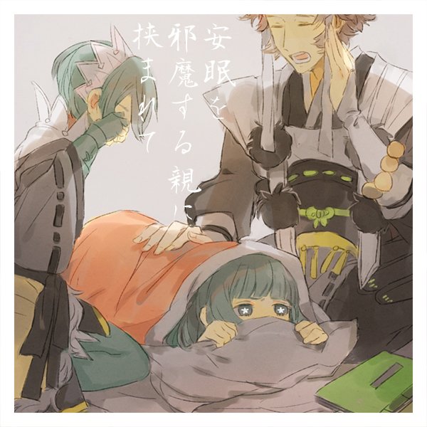 1boy, 2girls, alternate_hair_color, artist_request, asama_(fire_emblem_if), bangs, blue_eyes, blue_hair