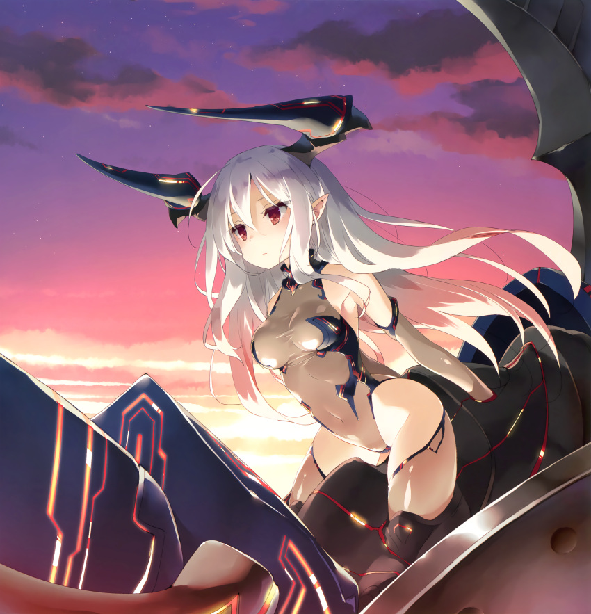1girl, absurdres, armpits, bare_shoulders, breasts, cleavage, closed_mouth, clouds