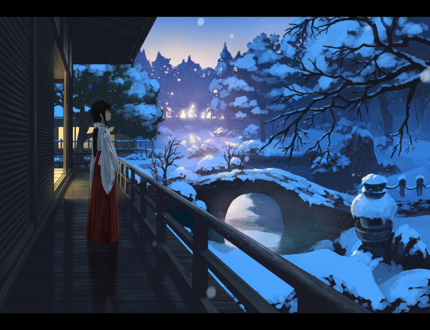 1girl, architecture, bangs, bare_tree, black_hair, bow, bridge, doora_(dora0913)
