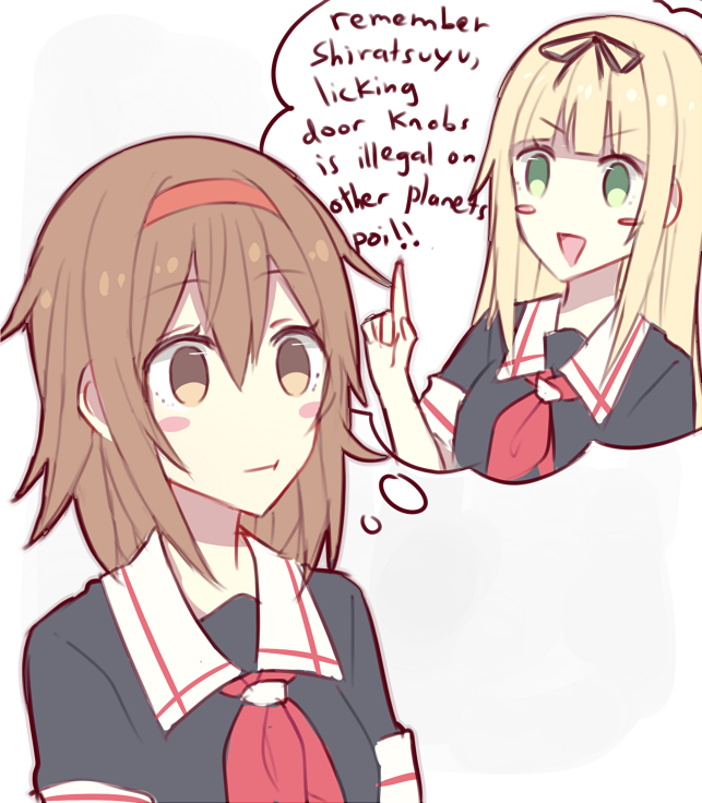2girls, :t, bangs, black_serafuku, blonde_hair, blunt_bangs, blush_stickers, brown_eyes