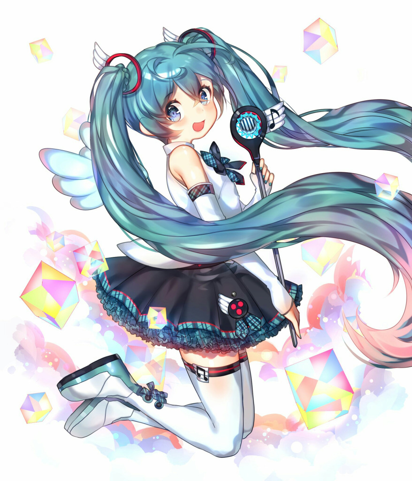 1girl, aqua_hair, blue_eyes, boots, elbow_gloves, fingerless_gloves, from_side, full_body