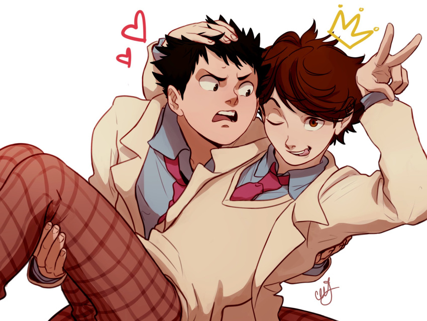 2boys, black_eyes, black_hair, brown_eyes, brown_hair, carrying, ceejles, haikyuu!!