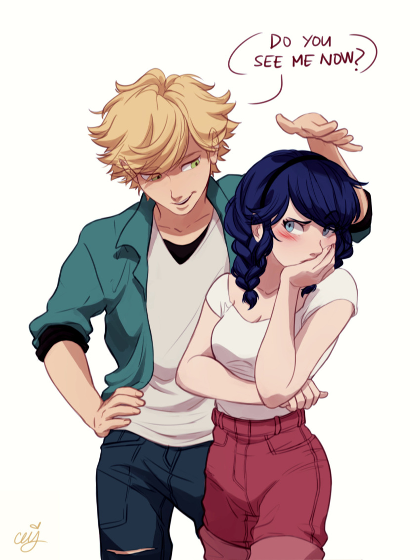 1boy, 1girl, adrien_agreste, alternate_hairstyle, blonde_hair, blue_eyes, blue_hair, blush