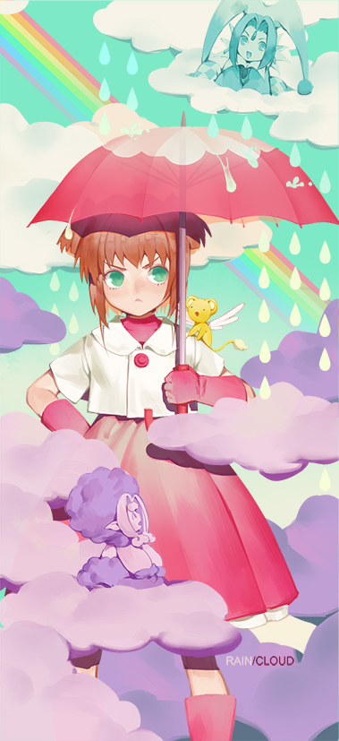1girl, angel_wings, angry, antenna_hair, boots, brown_hair, card_captor_sakura, clouds
