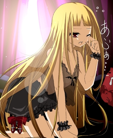 blazblue, blonde_hair, camisole, fang, frills, gii, gothic, gothic_lolita, kneeling, lolita_fashion, long_hair, lowres, open_mouth, rachel_alucard, red_eyes, ribbon, shii_(pixiv), skirt, tears, twintails, very_long_hair, wink, wrist_cuffs