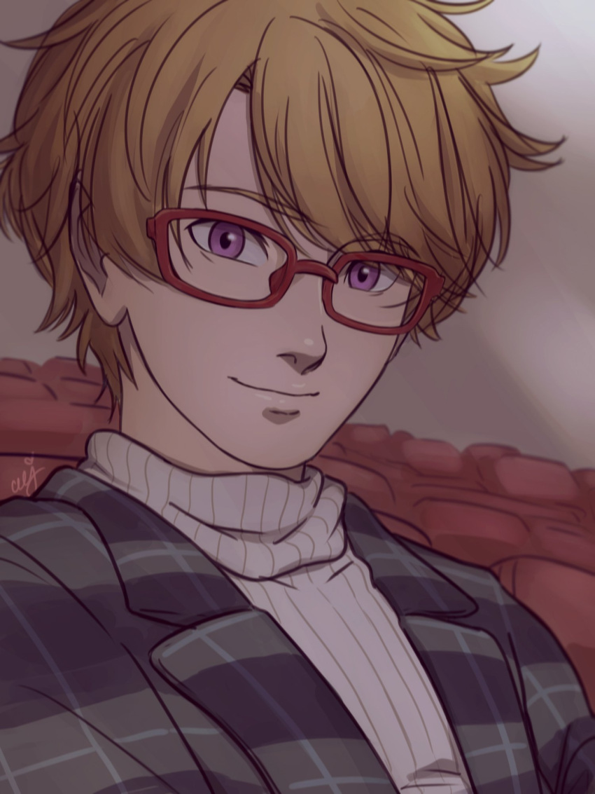 1boy, blonde_hair, ceejles, glasses, highres, jacket, male_focus, older