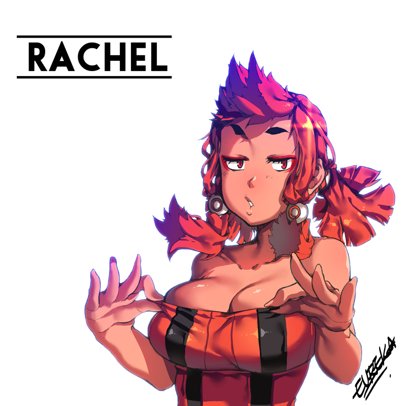 1girl, bare_shoulders, breasts, bustier, character_name, cleavage, cleavage_reach, collarbone, eureka_brider, eyebrows, eyeliner, hair_tubes, jitome, large_breasts, looking_at_viewer, makeup, original, puckered_lips, rachel_(eureka_brider), red_eyes, redhead, signature, solo, strapless, upper_body, white_background