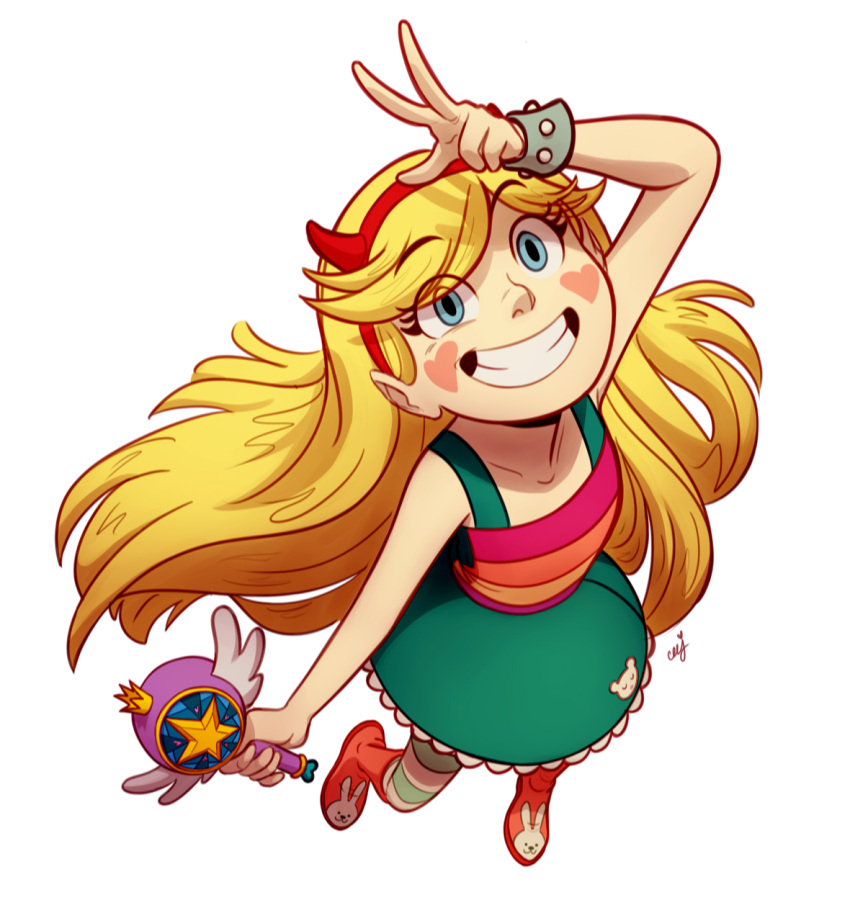 1girl, blonde_hair, blue_eyes, ceejles, dress, eyes_visible_through_hair, full_body, grin