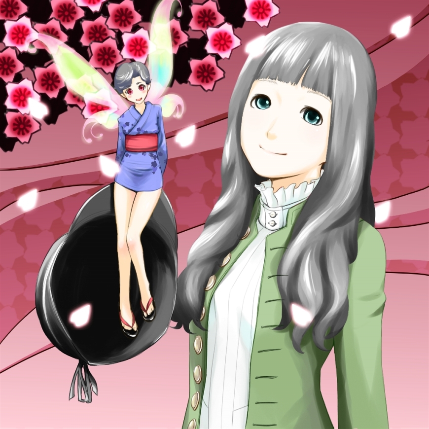 code49, fairy, green_eyes, grey_hair, hat, high_pixie, japanese_clothes, kimono