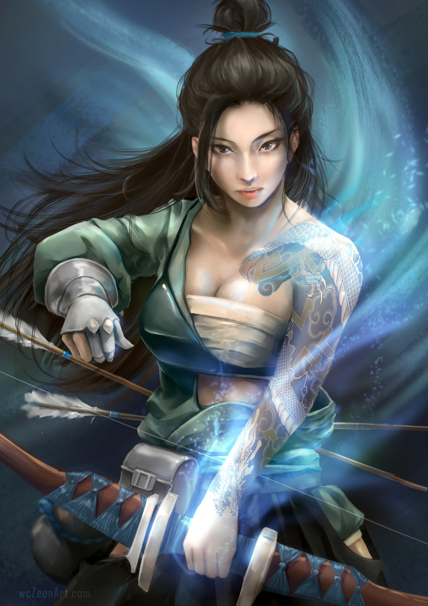 1girl, absurdres, adapted_costume, arm_tattoo, arrow, asian, black_hair, bow_(weapon), breasts, brown_eyes, chua_wei_chong, cleavage, collarbone, dragon, female, genderswap, genderswap_(mtf), gloves, hakama_skirt, hanzo_(overwatch), highres, holding, holding_weapon, japanese_clothes, lips, long_hair, long_sleeves, looking_at_viewer, medium_breasts, nose, off_shoulder, overwatch, parted_lips, partly_fingerless_gloves, ponytail, pouch, sarashi, solo, tattoo, upper_body, watermark, weapon, web_address, yugake