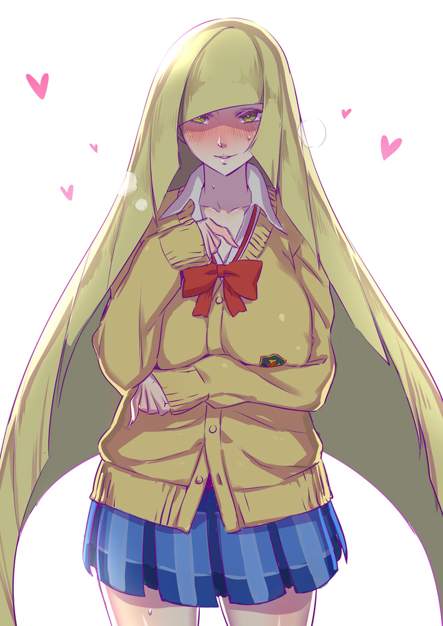 1girl, blonde_hair, blush, breasts, cardigan, collarbone, cosplay, galko