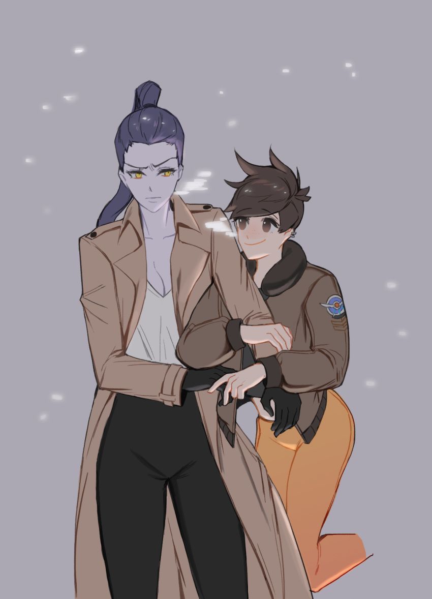 2girls, bangs, black_gloves, black_pants, breasts, breath, brown_coat, brown_eyes