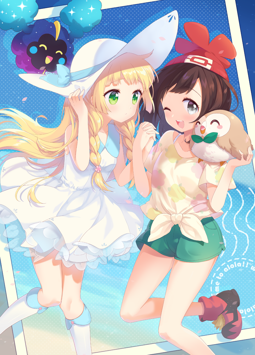 2girls, ^_^, bare_shoulders, beanie, blush, blush_stickers, boots, braid