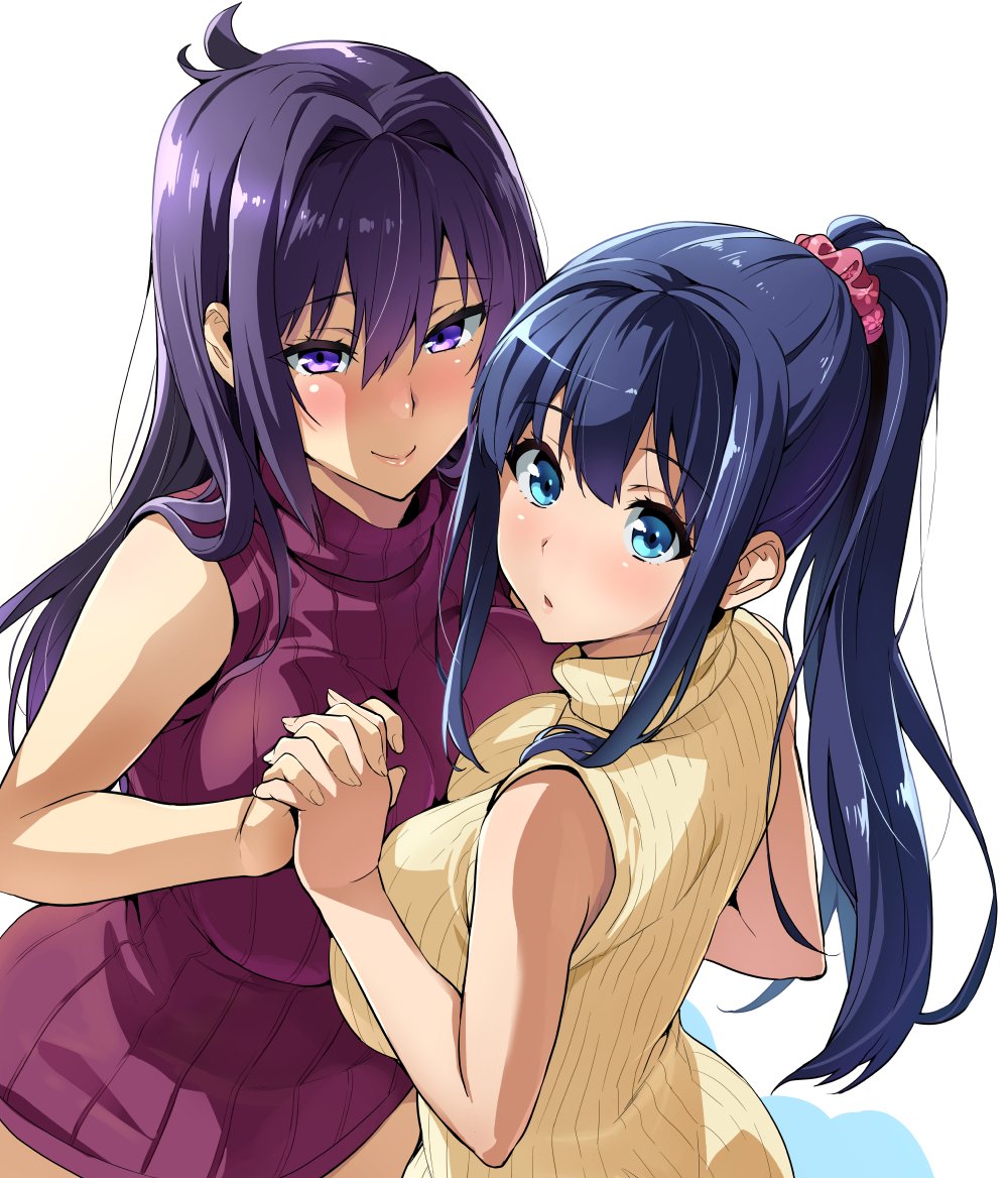 2girls, :o, amaya_haruko, blue_eyes, blue_hair, blush, breasts, interlocked_fingers, large_breasts, long_hair, maken-ki!, multiple_girls, nijou_aki, ponytail, smile, sweater, takeda_hiromitsu