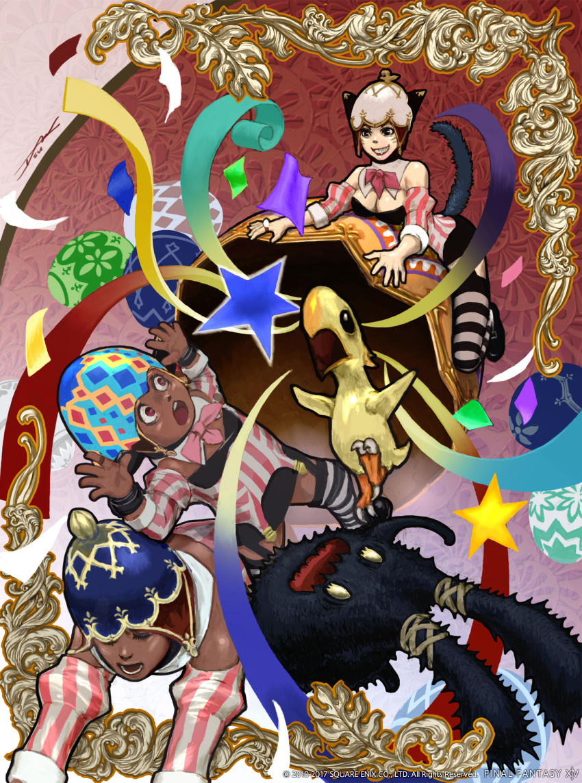 3girls, animal_ears, breasts, brown_eyes, cat_ears, cat_tail, chocobo, cleavage