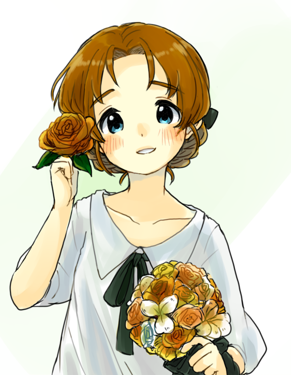 1girl, bangs, black_bow, black_ribbon, blue_eyes, blush, bouquet, bow