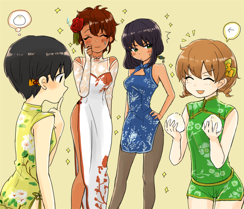4girls, alternate_costume, baozi, black_hair, black_legwear, blue_dress, blush, brown_eyes