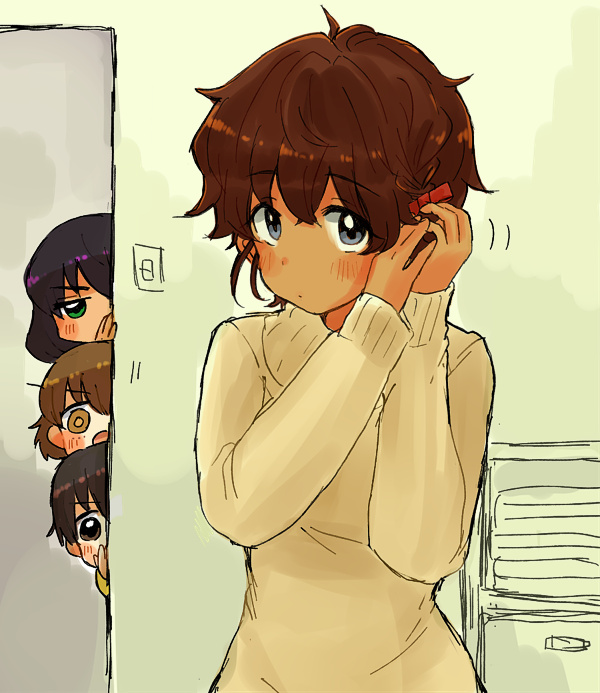4girls, adjusting_hair, around_corner, bangs, black_hair, blue_eyes, blush, brown_dress