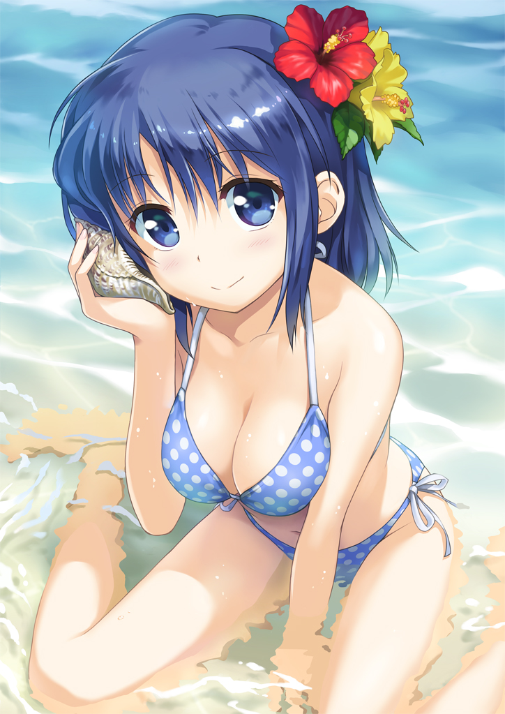1girl, bikini, blue_bikini, blue_eyes, blue_hair, flower, hair_flower, hair_ornament