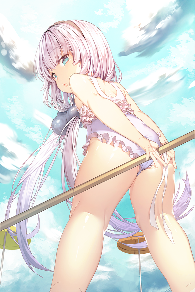 1girl, aile_(crossroads), ass, bangs, beach_umbrella, beads, blue_eyes, blunt_bangs