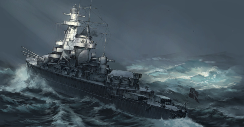 abe_yasushi_(umizoi_tibet), admiral_graf_spee, cruiser, kriegsmarine, military, military_vehicle, no_humans, ocean, original, ship, smokestack, turret, warship, watercraft, waves