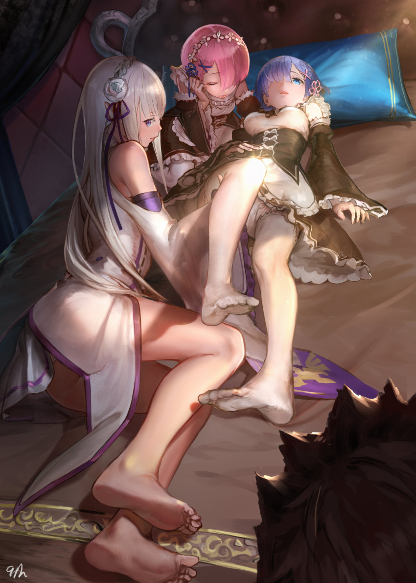 1boy, 3girls, absurdres, bare_shoulders, barefoot, blue_hair, breasts, brown_hair