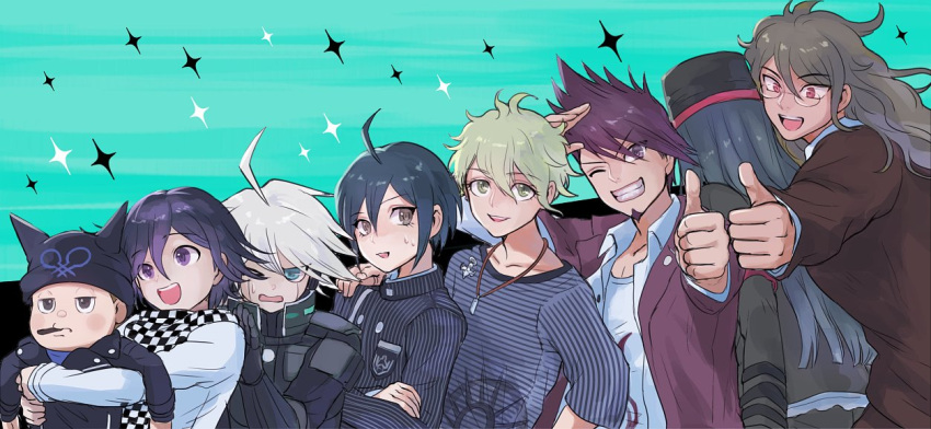 6+boys, ahoge, amami_rantarou, aro_ro22dr, black_hair, black_hat, blue_shirt, brown_jacket