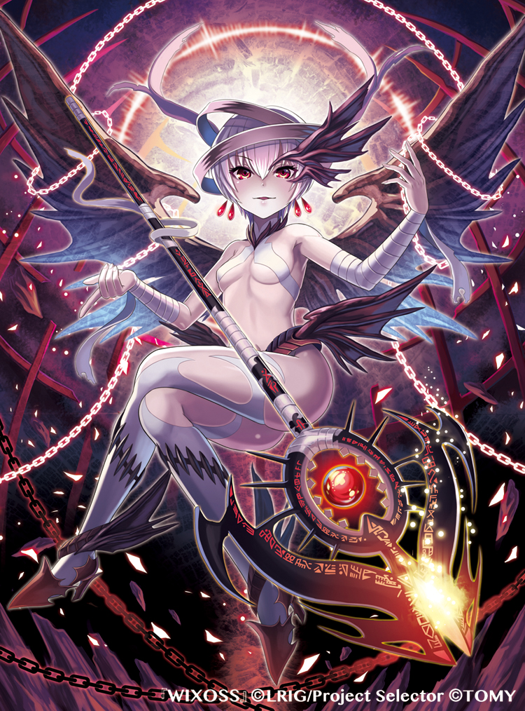 1girl, ass, bandage, bandaged_arm, bare_shoulders, black_wings, breasts, chains, company_name, earrings, floating, full_body, glowing, hair_ornament, hair_ribbon, high_heels, jewelry, madopen, navel, official_art, open_mouth, red_eyes, revealing_clothes, ribbon, selector_wixoss, short_hair, small_breasts, smile, solo, staff, thigh-highs, ulith_(wixoss), white_hair, wings, wixoss