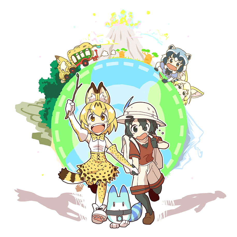 >:d, 4girls, :3, :d, animal, animal_ears, ankle_boots, arm_up, armpits, backpack, bag, baobab, bare_shoulders, belt, black_eyes, black_gloves, black_hair, black_legwear, black_ribbon, blonde_hair, blue_hair, blue_shirt, blush, boots, bow, bowtie, branch, brown_eyes, brown_footwear, brown_shoes, bucket_hat, bus, bush, collar, collarbone, commentary, cross-laced_clothes, d:, elbow_gloves, eyebrows_visible_through_hair, fangs, fennec_(kemono_friends), fox_ears, full_body, fur_collar, gloves, grass, ground_vehicle, hand_holding, hat, hat_leaf, holding_branch, holding_feather, japari_bun, japari_bus, japari_symbol, kaban, kemono_friends, kokorori-p, leaf, looking_at_another, looking_at_viewer, lucky_beast_(kemono_friends), motor_vehicle, multicolored_hair, multiple_girls, neck_ribbon, no_nose, one_leg_raised, open_mouth, orange_eyes, orange_hair, outline, pantyhose, paw_shoes, puffy_short_sleeves, puffy_sleeves, raccoon_(kemono_friends), raccoon_ears, raccoon_tail, red_shirt, ribbon, sandstar, serval_(kemono_friends), serval_ears, serval_print, serval_tail, shadow, shirt, shoe_ribbon, shoes, short_hair, short_sleeves, shorts, silhouette, skirt, sleeveless, sleeveless_shirt, smile, smug, striped_tail, tail, tareme, teeth, thigh-highs, tree, vehicle, walking, white_background, white_boots, white_footwear, white_hair, white_hat, white_outline, white_shirt, white_shorts