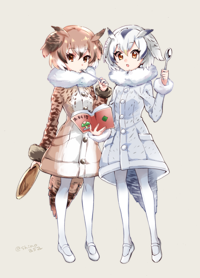 2girls, black_hair, blonde_hair, book, broccoli, brown_coat, brown_eyes, brown_hair