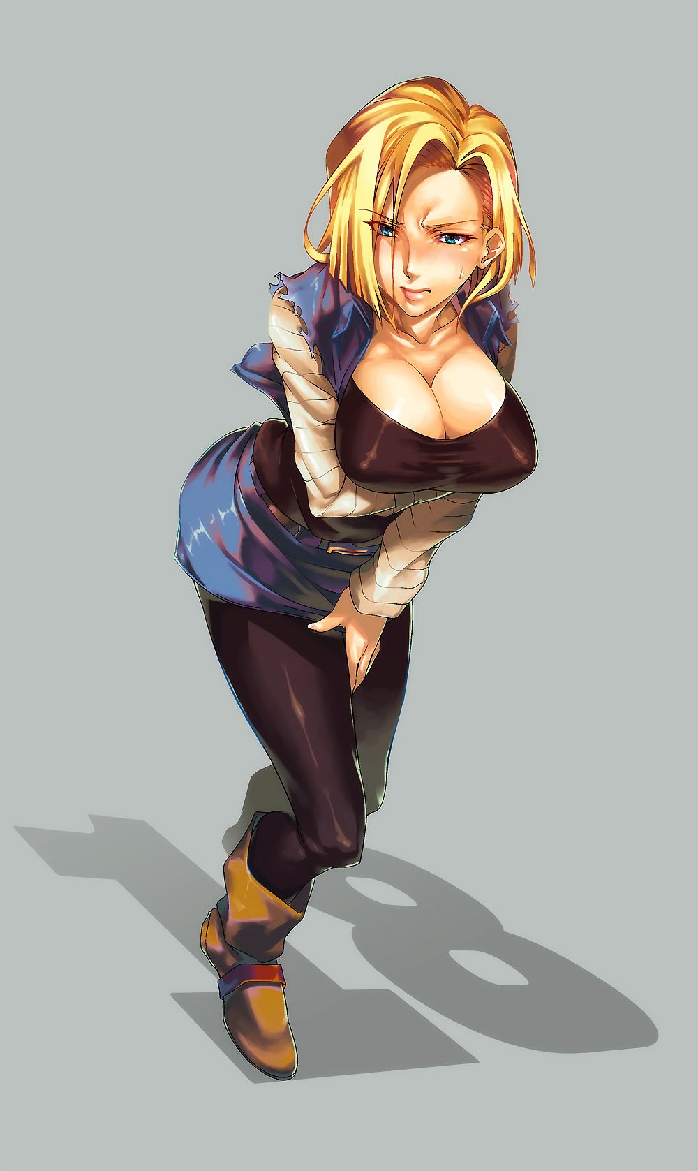 1girl, android_18, blonde_hair, blue_eyes, blush, boots, breasts, cleavage