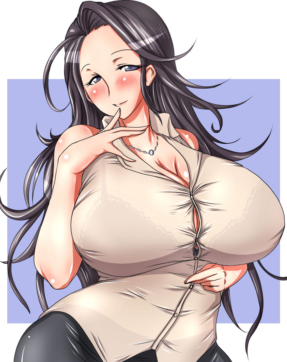 blouse, blush, bra, breasts, highres, huge_breasts, kinokoutarou, see-through