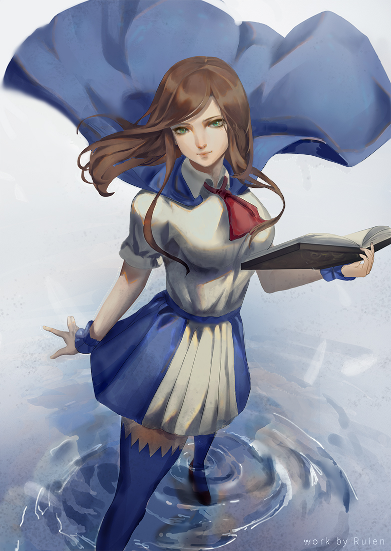 1girl, black_shoes, blue_cape, blue_legwear, blue_skirt, book, brown_hair, cape