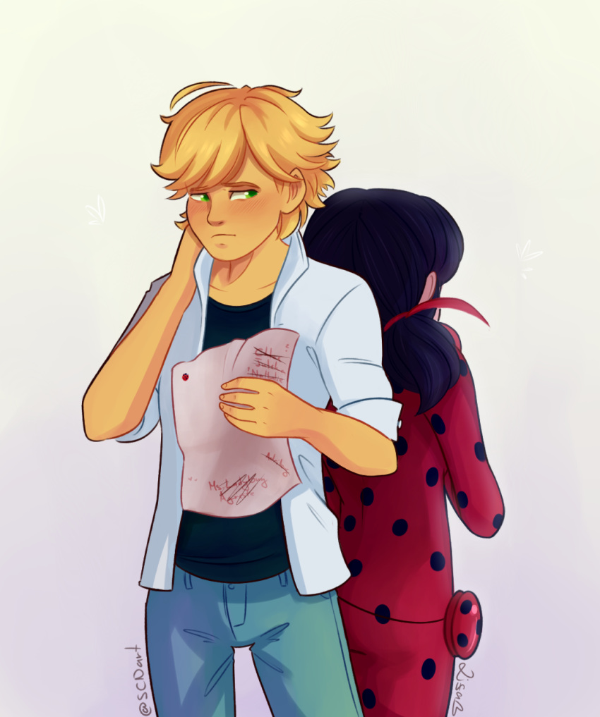 1boy, 1girl, adrien_agreste, back-to-back, black_hair, blonde_hair, blush, bodysuit, green_eyes, hair_ribbon, hand_behind_head, highres, ladybug_(character), letter, marinette_dupain-cheng, miraculous_ladybug, paper, polka_dot, ribbon, signature, sweet-childhood-dreams, twintails