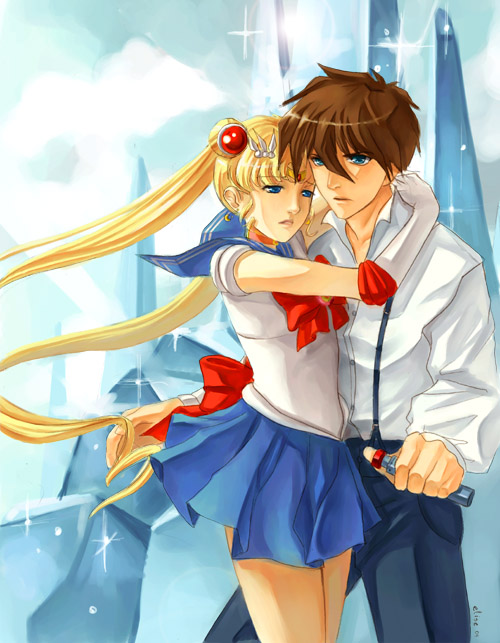 1girl, bishoujo_senshi_sailor_moon, blonde_hair, blue_eyes, brown_hair, choker, couple, crossover, double_bun, elbow_gloves, elise_trinh, gloves, gundam, gundam_wing, heero_yui, hug, long_hair, magical_girl, midorikawa_hikaru, sailor_collar, sailor_moon, sailor_senshi, seiyuu_connection, seiyuu_joke, short_hair, skirt, suspenders, tiara, tsukino_usagi, twintails