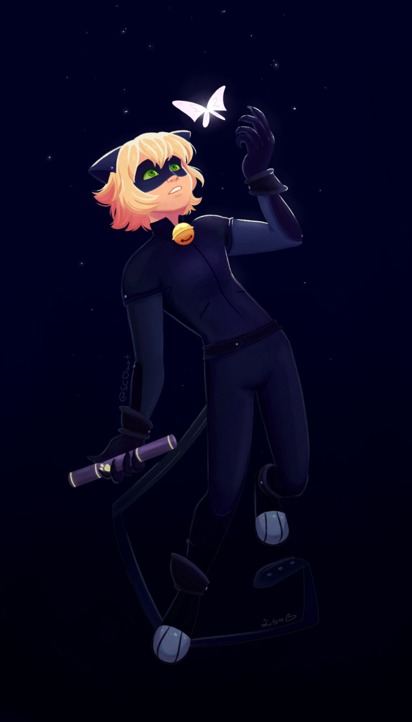1boy, adrien_agreste, animal_ears, bell, black_boots, black_gloves, blonde_hair, bodysuit