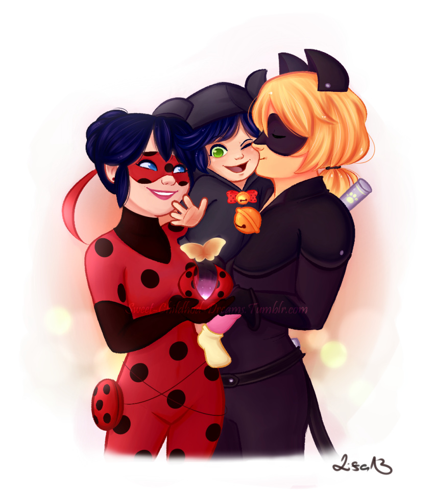 adrien_agreste, animal_ears, bell, black_bodysuit, black_hair, blonde_hair, blue_eyes, bodysuit