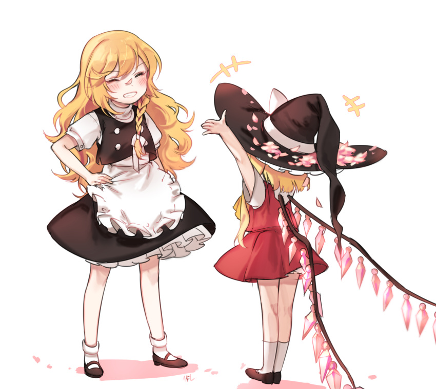 2girls, apron, black_shoes, black_skirt, blonde_hair, blush, bow, braid