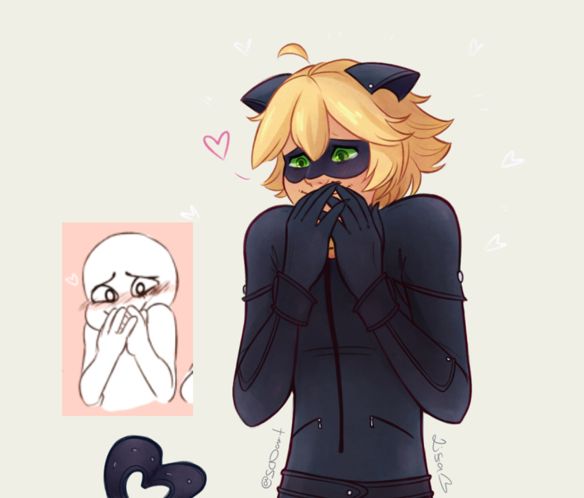 1boy, adrien_agreste, animal_ears, blonde_hair, bodysuit, cat_ears, chat_noir, fake_animal_ears