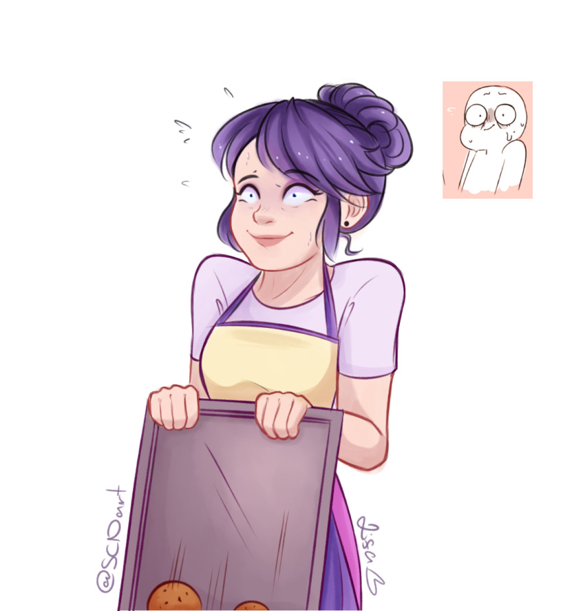1girl, alternate_hair_color, alternate_hairstyle, apron, baking_sheet, constricted_pupils, cookie, earrings, food, hair_bun, highres, jewelry, lips, marinette_dupain-cheng, miraculous_ladybug, motion_lines, nervous, signature, smile, solo, stud_earrings, sweat, sweet-childhood-dreams