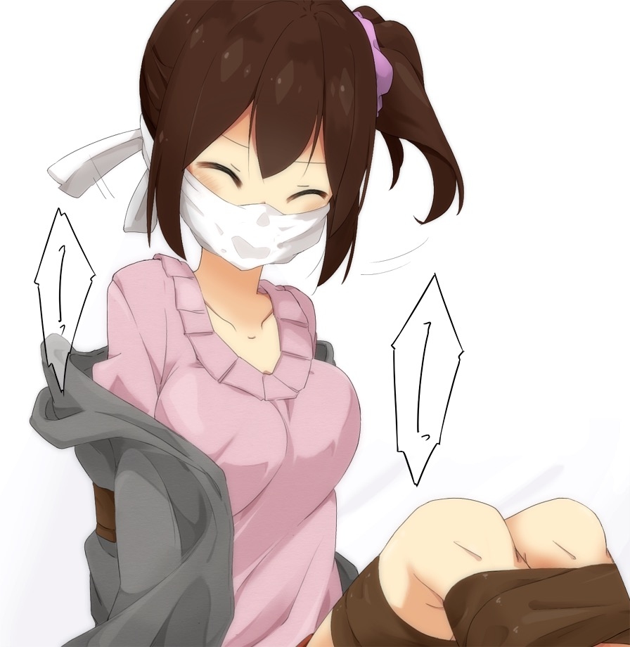1girl, bdsm, bondage, bound, bound_legs, brown_hair, cardigan, chiaki's_sister_(hoojiro_(found1093))