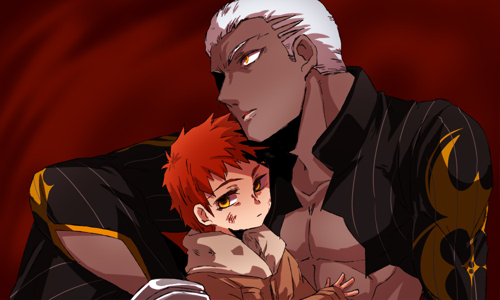 2boys, coat, dark_skin, dark_skinned_male, emiya_alter, emiya_shirou, fate/grand_order, fate/stay_night, fate_(series), mijinko_(83nabe), multiple_boys, redhead, white_hair, yellow_eyes