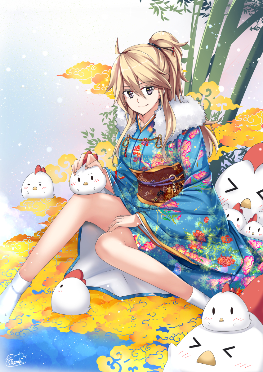 1girl, alternate_costume, bamboo, bird, blonde_hair, blue_eyes, blue_kimono, chicken