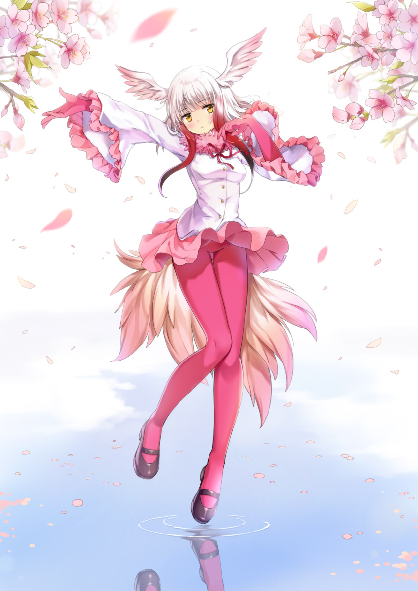 1girl, absurdres, bangs, bird_tail, black_shoes, blunt_bangs, crested_ibis_(kemono_friends), gloves
